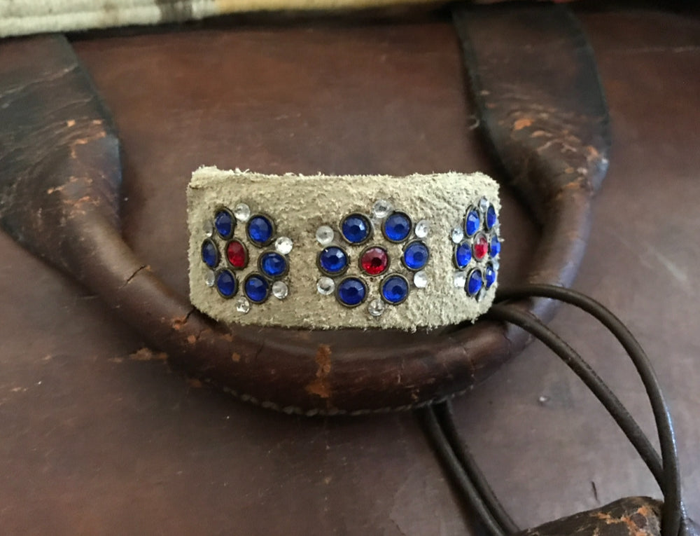 LEATHER BAND WITH BLUE FLOWERS-#B144