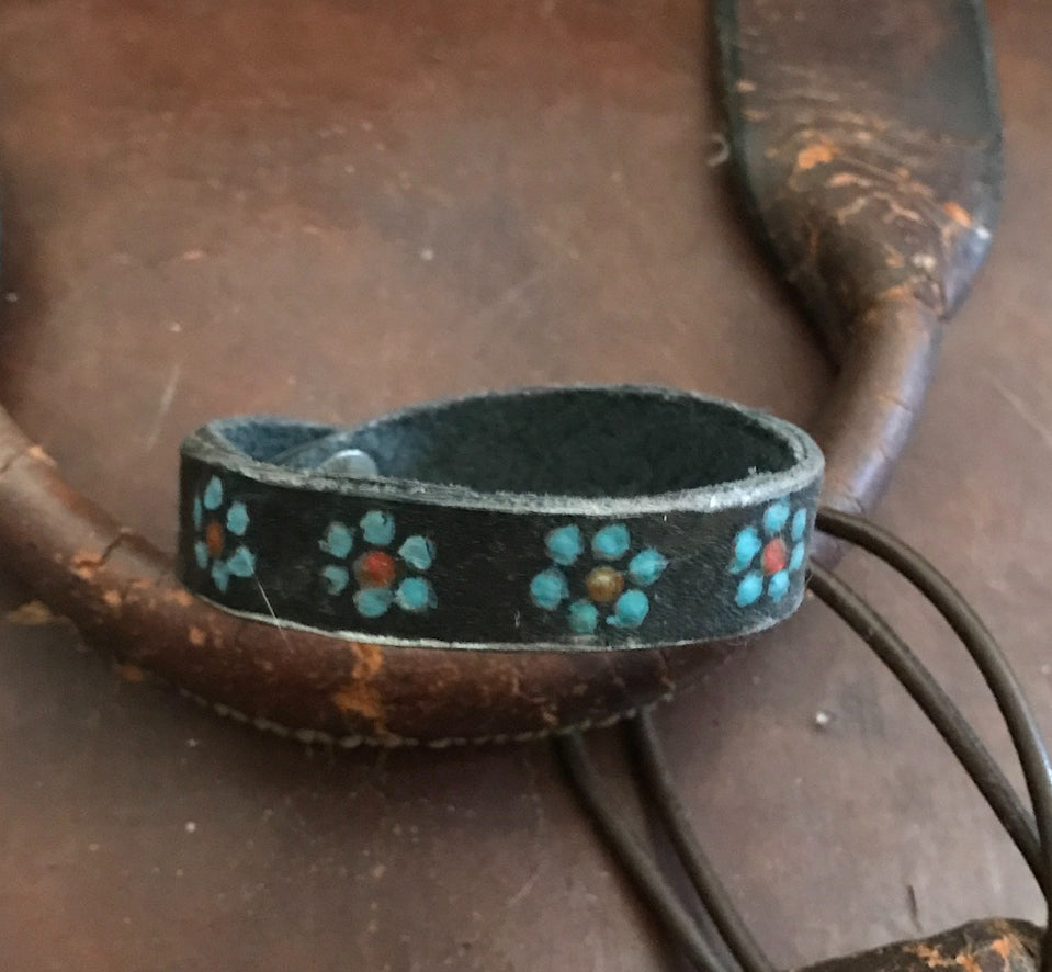 LEATHER BAND WITH BLUE FLOWERS-#B128