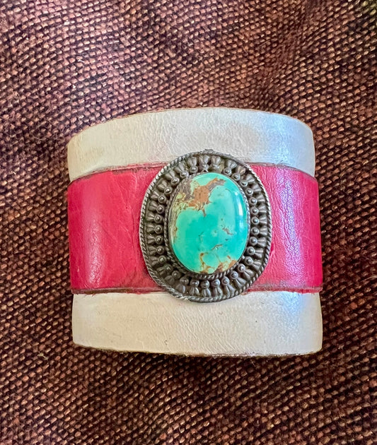 LEATHER BAND RED AND CREAM WITH TURQUOISE STONE -#B113