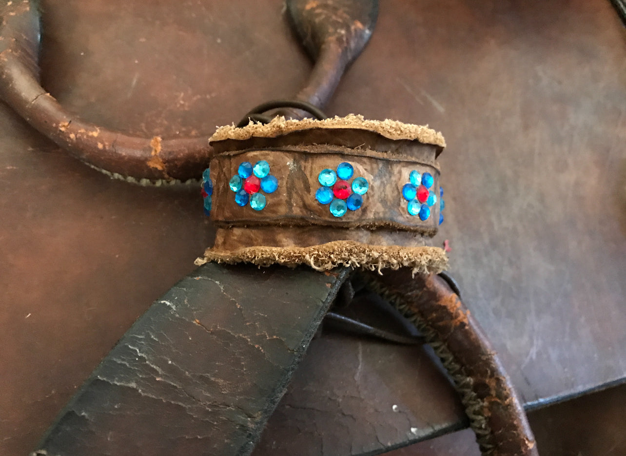 LEATHER BAND WITH BLUE FLOWERS-#B156