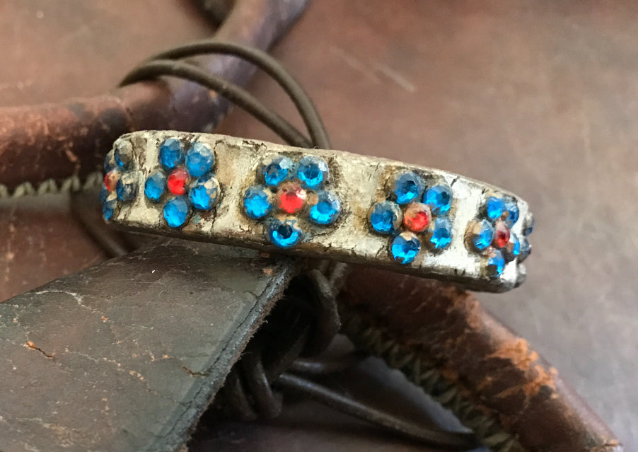 LEATHER BAND WITH BLUE FLOWERS-#B155