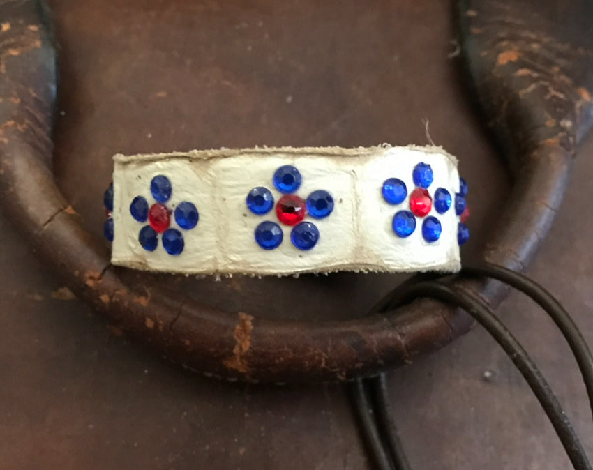 LEATHER BAND WITH BLUE FLOWERS-#B146