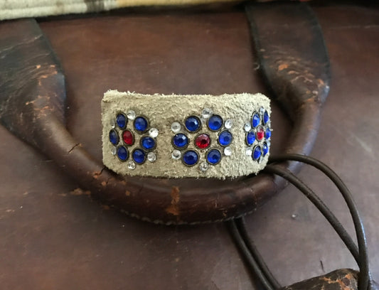 LEATHER BAND WITH BLUE FLOWERS-#B144