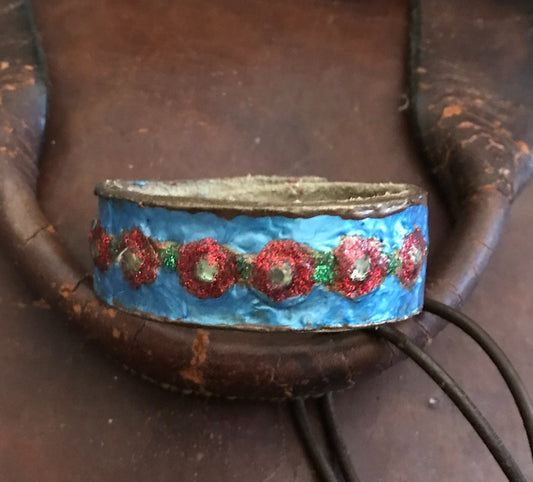 LEATHER BAND WITH RED FLOWERS-#B134