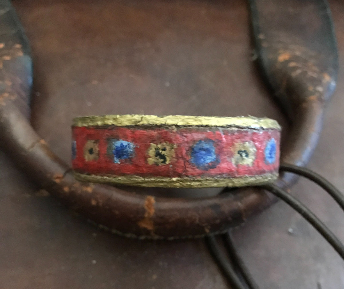 LEATHER BAND WITH BLUE & GOLD FLOWERS-#B130