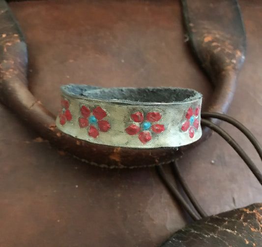 LEATHER BAND WITH RED FLOWERS-#B127